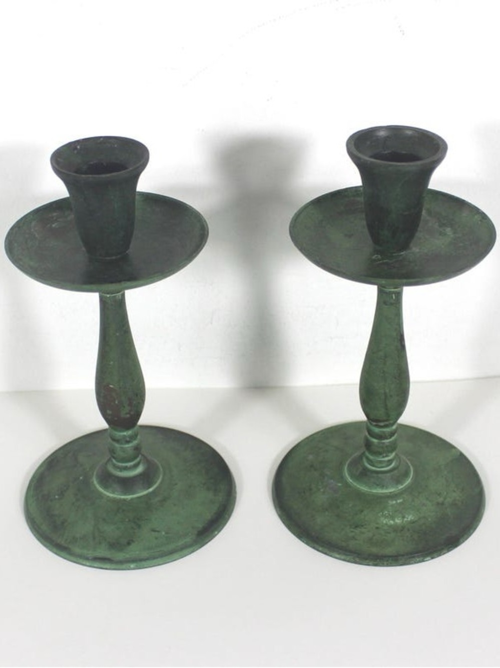 Vintage Patina Green Metal Candle Holders - Pair